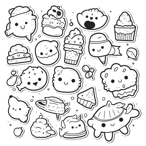 رسم Cute Kawaii Sticker Design Food Stickers Icon Set For A Party مخطط