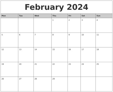 February 2024 Monthly Calendar Printable