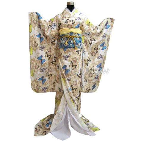japan traditional kimono furisode ivory floral butterfly pattern cosplay costume in asia