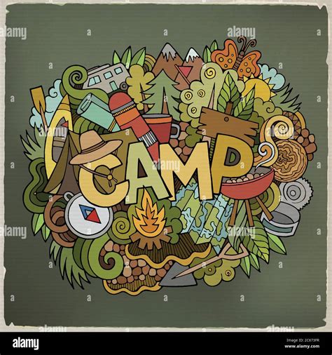 Summer Camp Hand Lettering And Doodles Elements Background Stock Vector