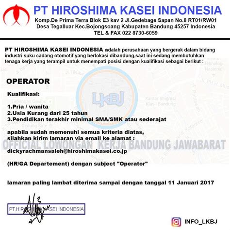 Lulusan smk di bandung cari di antara 16.300+. Lowongan Kerja Operator PT. HIROSHIMA KASEI INDONESIA ...