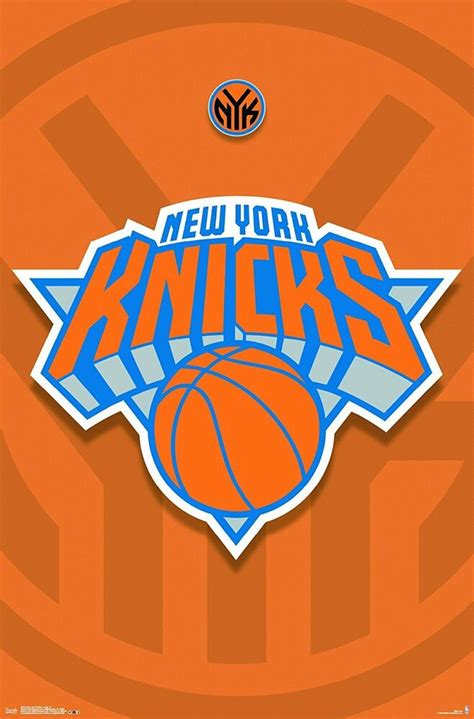 Knicks in orange and blue above orange basketball on grey triangle. Trends International New York Knicks Logo Wall Poster 22.375" x 34" Ships FREE | eBay