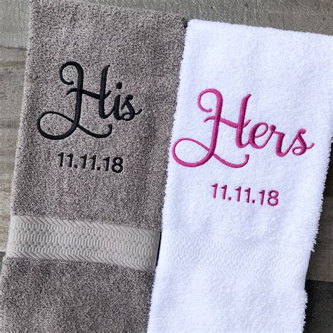 His And Hers Embroidered Hand Towels With Wedding Date 2 Piece Set