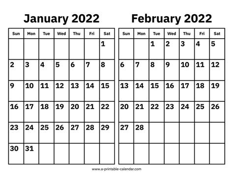 January And February 2022 Calendar A Printable Calendar