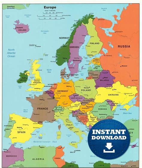Digital Political Colorful Map of Europe, Ready to Print Map, Lively ...