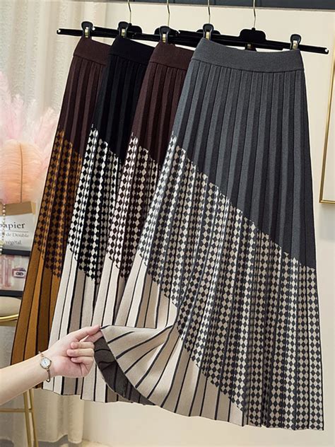 TIGENA Contrast Plaid Knitted Midi Long Skirt For Women 2022 Fall