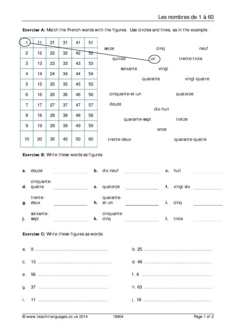 French Numbers 1 60 Worksheet