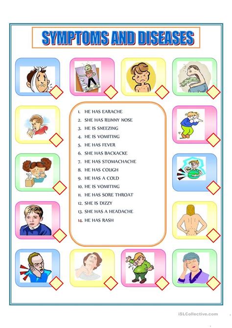 In this online vocabulary lesson you can study health and illnesses vocabulary with many activities and games such as memory cards, and puzzles. 33 FREE ESL illnesses worksheets