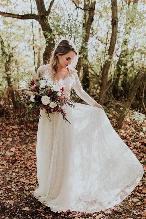 Outdoor Fall Wedding Dress And Bouquet Earthy Luxe Fall Elopement