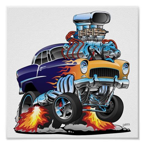 Classic Fifties Hot Rod Muscle Car Cartoon Poster Zazzle Cool Car