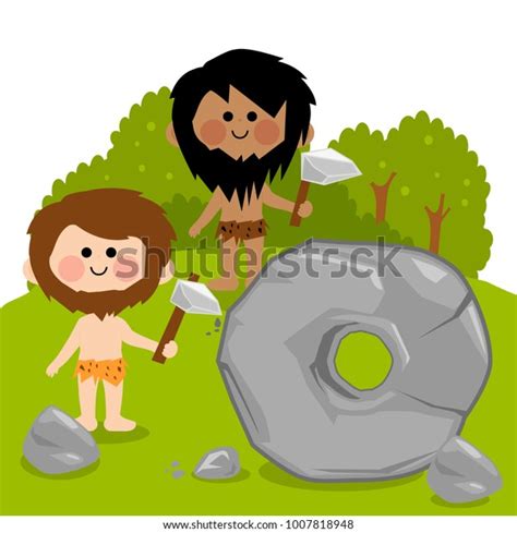 Cavemen Carving Big Stone Creating Wheel Stock Illustration 1007818948