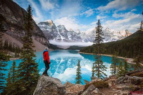 Man At Moraine Lake In Autumn Banff Canada Royalty Free Images