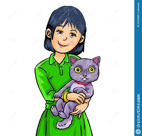 Girl Hugging With A Grey Cat Stock Vector Illustration Of Funny