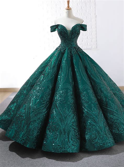 Dark Green Sequins Ball Gown Off The Shoulder Prom Dress Vestidos