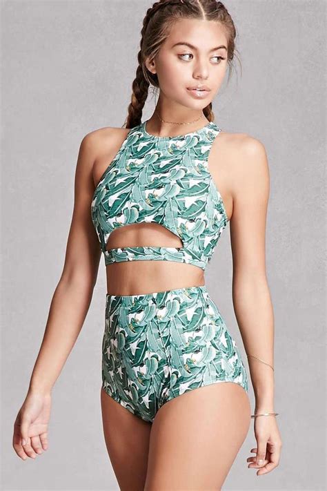 Green High Waist Palm Leaf High Neck Bikini Swimsuit Trending Bathing Suits High Neck Bikinis