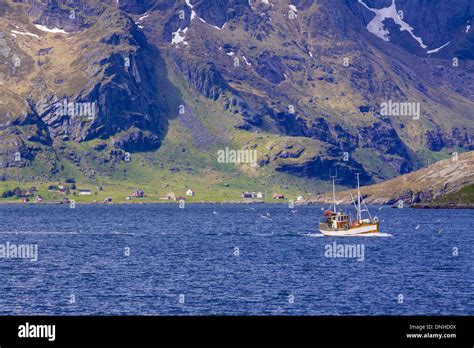 Norwegian Fishing Boat In Scenic Fjord On Lofoten Islands Stock Photo