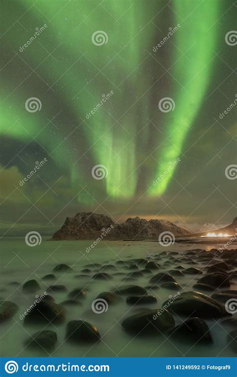 Northern Lights In Lofoten Islands Norway Green Aurora Borealis