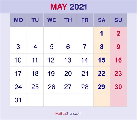 Monthly Calendar May 2021 Calendar