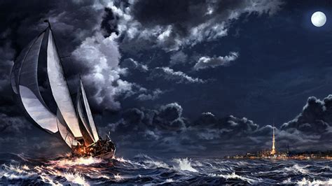 Wallpaper Painting Sailing Ship Sea Cityscape Night Vehicle