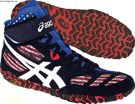 The Asics Shoes Are Blue And Red