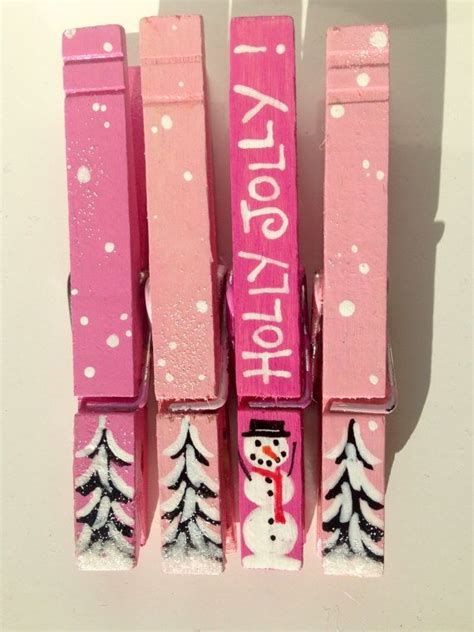 Pink Christmas Clothespins Hand Painted Snowman Holly Jolly Etsy Pink Christmas Ts