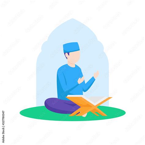 Muslim Man Praying To Allah During Reading Al Quran Vector Flat