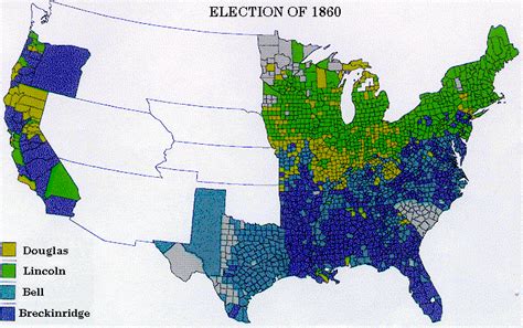 Presidential election maps, county subdivisions‎ (24 f). Map illustrating results of voting in 1860 election ...