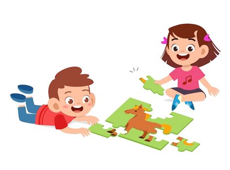 Heureux Enfants Mignons Jouent Résoudre Le Puzzle Ensemble Vecteur