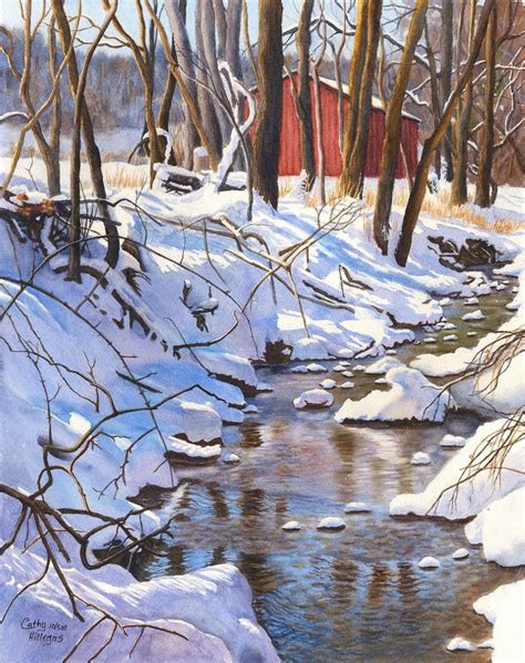 Snow Creek Barn Landscape Watercolor Print By Cathy Hillegas X