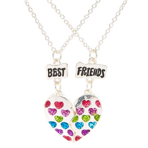Best Friends Rainbow Glitter Hearts Silver Tone Split Heart Pendant