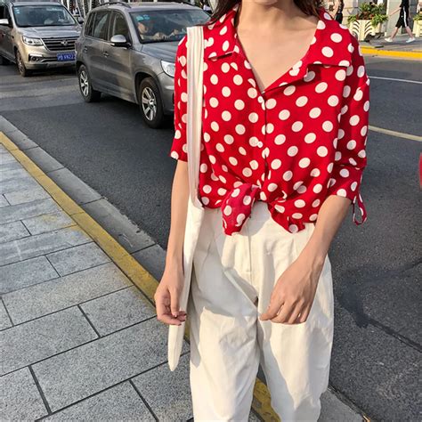 Red White Polka Dot Print Blouse V Neck Women 2018 Summer Short Sleeve