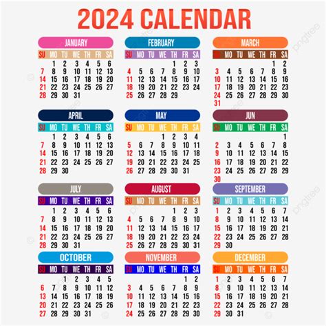 تصميم تقويم 2024 ملون قابل للتحرير تقويم قابل للتحرير تقويم عام 2024