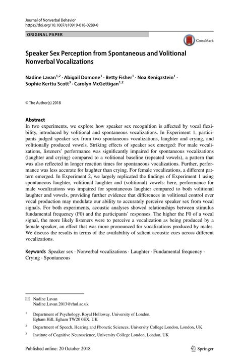 Pdf Speaker Sex Perception From Spontaneous And Volitional Nonverbal Vocalizations