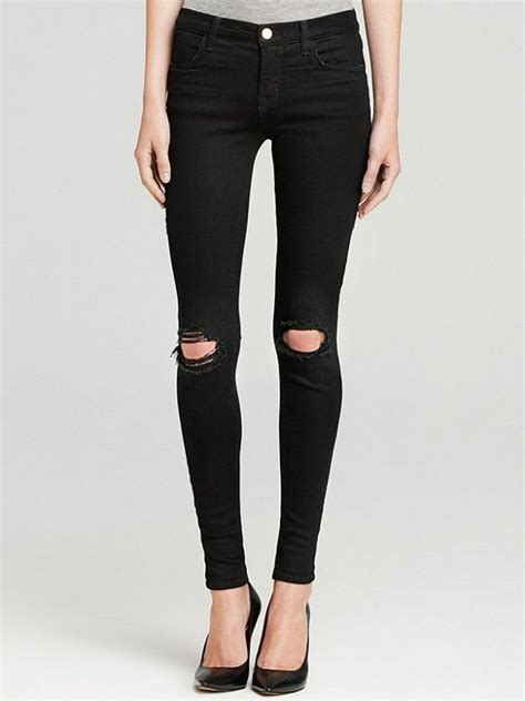 J Brand Mid Rise Super Skinny Destruction Jeans In Black Holey Jeans