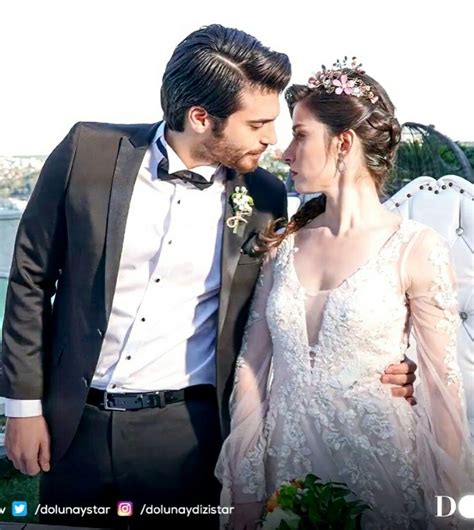 can yaman as ferit and ozge gurel as nazlı on their wedding day in the turkish tv series dolunay