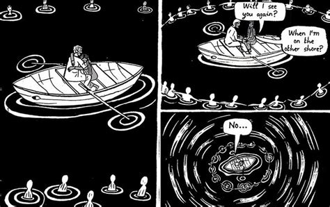 a comic strip with an image of a man in a boat on the water and another cartoon