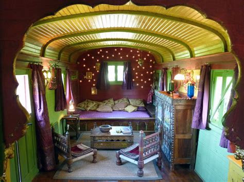Vardo Interior Starry Purples And Greens Gypsy Wagon Interior Gypsy Caravan Interiors