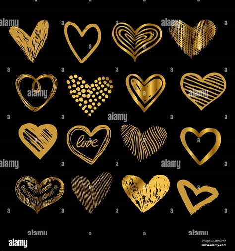 Doodle Golden Hearts Hand Drawn Love Heart Icons Vector Set Isolated