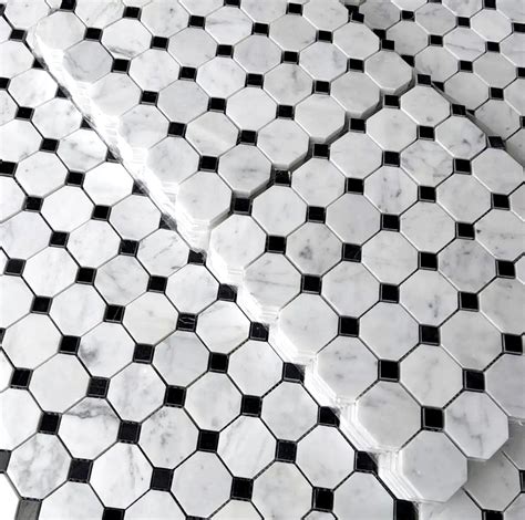 Bianco Carrara Honed Marble Octagon Mosaic Tile W Black Dots