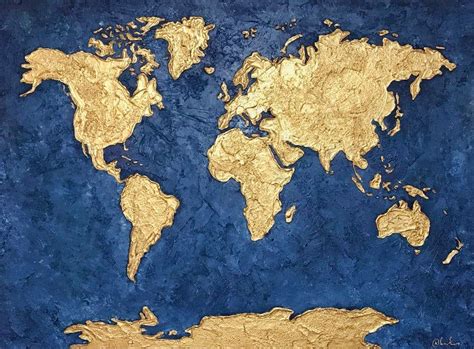 Gold World Map Painting Blue Gold Map Textured World Map Etsy Map