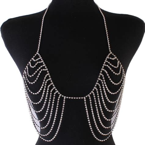 silver rhinestone drop bra body chain jewelry