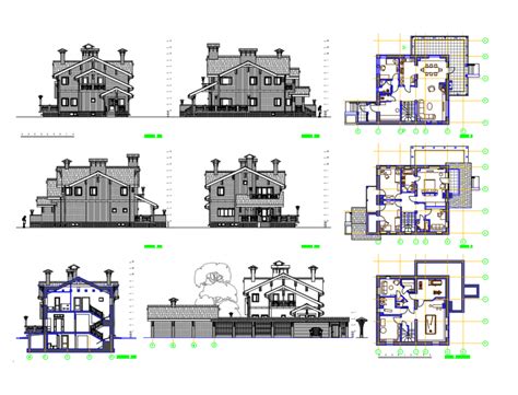 Classic Villa All Sided Elevations And Plan Cad Drawing Details Dwg