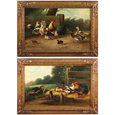 A Pair Of 19 Century French Oil On Canvas Paintings Depicting Chickens
