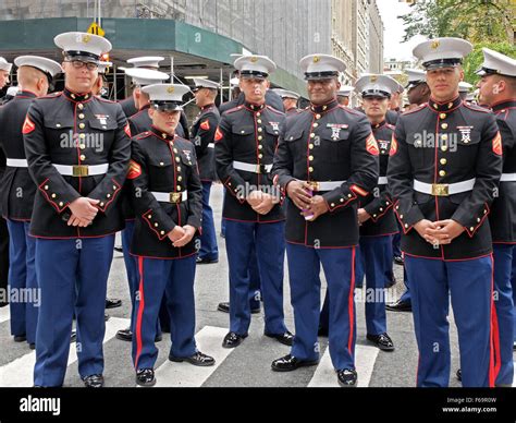 A Group Of United States Marines In Uniform Prior To The 2015 Stock