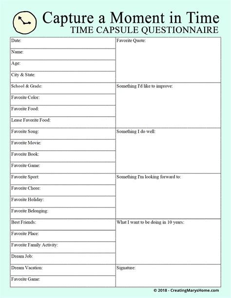 Time Capsule Questions Free Printable V