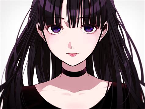 Black Hair Chisumi Choker Close Long Hair Original Purple Eyes