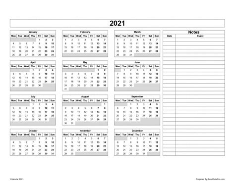 Download 2021 Yearly Calendar Mon Start Excel Template Exceldatapro
