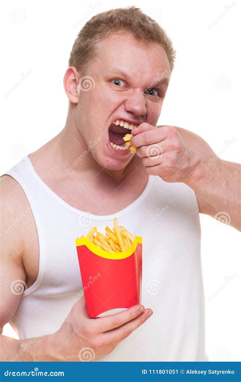 Diet Failure Of Fat Man Eating French Fries Fast Food Portrait Of