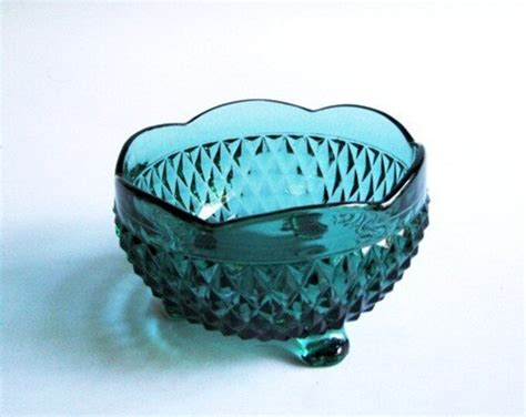 Aqua Blue Footed Bowl Depression Glass With Diamond Point Pattern Etsy