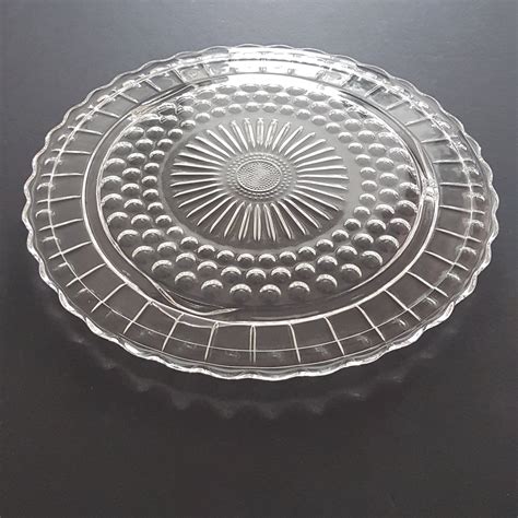 Vintage Footed Glass Cake Plate With Bubble Dots Sunflower Center Clear Depression Glass 3